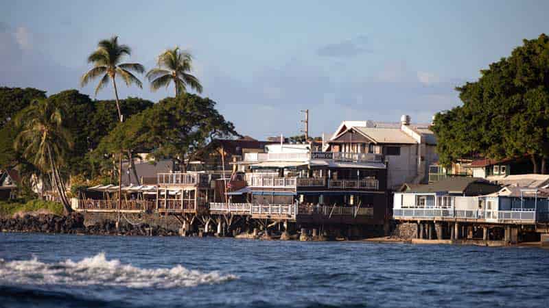 View of Lahaina Front Street from the ocean, Maui, Hawaii.